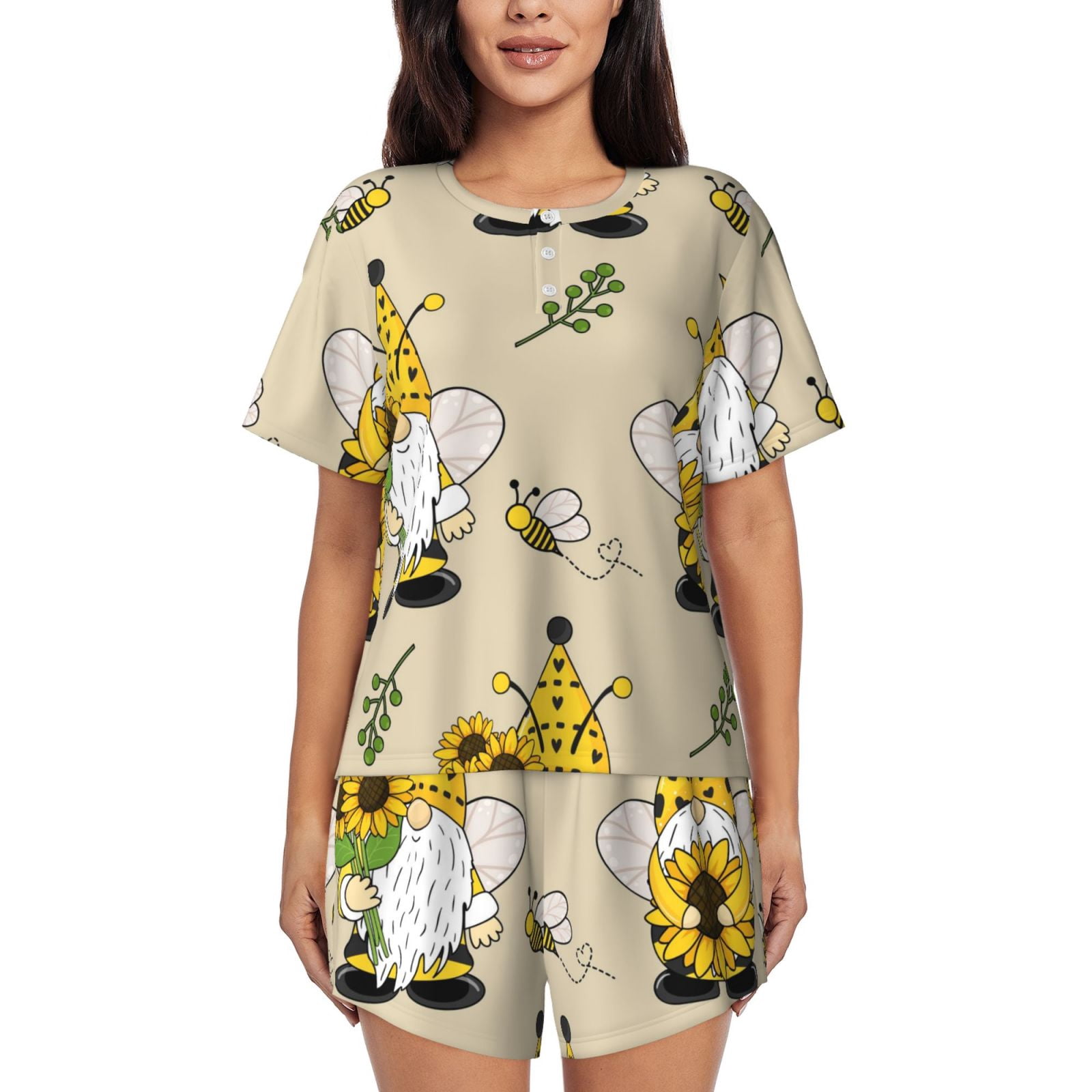 Cauagu Gnomes Bees And Sunflowers for Women's Round Neck Pajama Set ...
