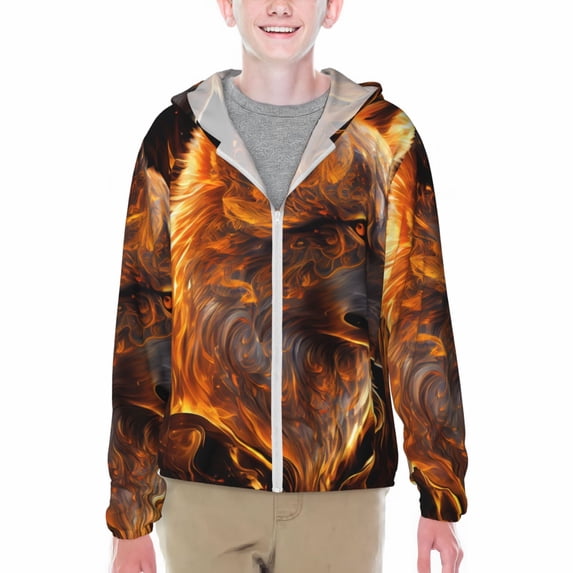 Cauagu Gold Flame Pattern Wolf Print Sun Protection Jacket for Teen,Full-Zipper Long Sleeve Sun Shirts with Pockets UV Hoodie Shirts Outdoor Athletic Jacket-X-Large