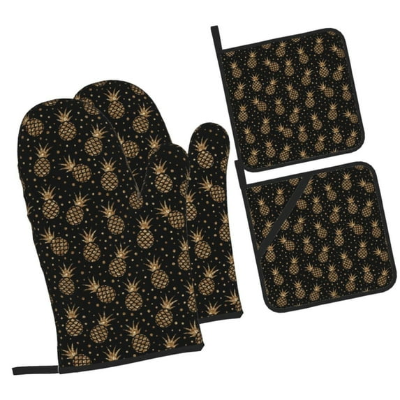 Cauagu Gold Glitter Pineapples Print Oven Mitts and Pot Holders 4 pcs Set,Extra Thicken Long Kitchen Oven Glove Potholders BBQ Gloves-Oven Mitts and Pot Holders(11 Inch)
