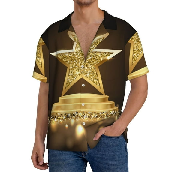 Cauagu Golden Glitter And Light Men's Short Sleeve Button Down Hawaiian Shirt for Men Bowling Shirts Casual Summer Beach Shirt,XX-Large
