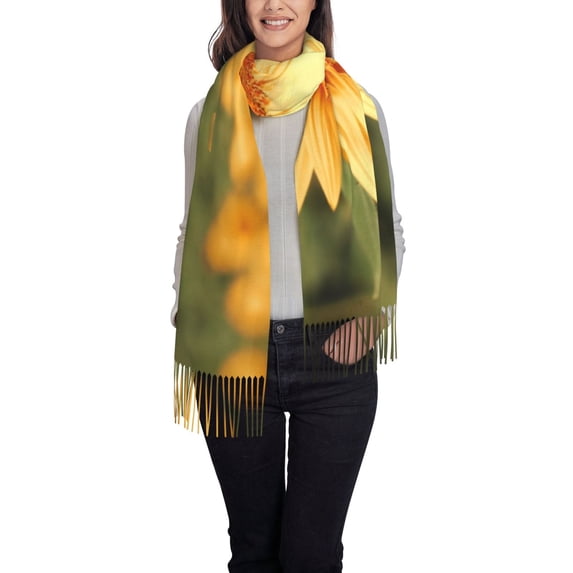Cauagu Golden Sunflower In Field Print Women Wrap Shawl tassels Scarves Retro Scarf 77.6"X28.3"