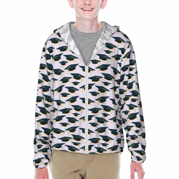 Cauagu Graduation Hats Print Sun Protection Jacket for Teen,Full-Zipper Long Sleeve Sun Shirts with Pockets UV Hoodie Shirts Outdoor Athletic Jacket-XX-Large