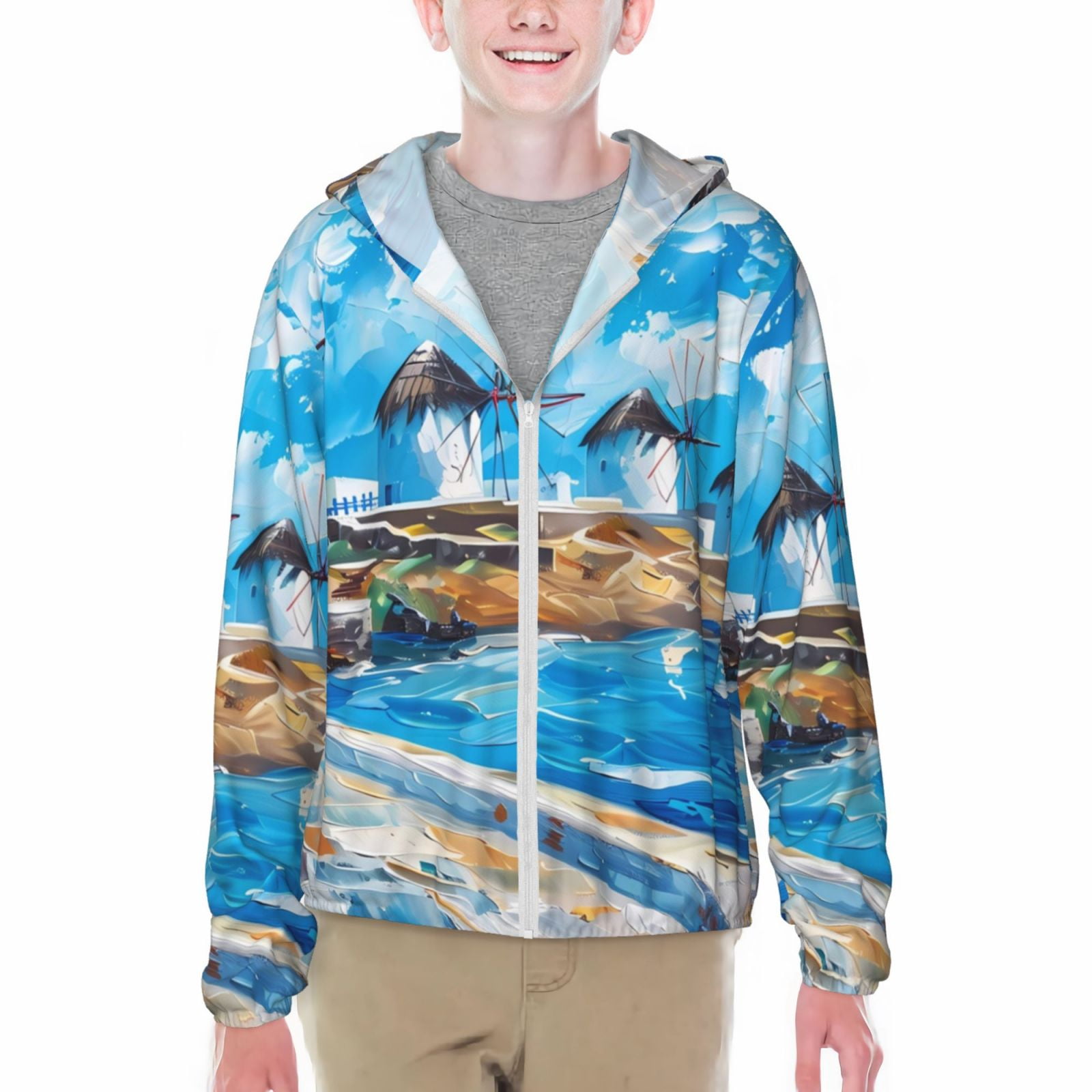 Cauagu Greek Island Windmills Painting Print Sun Protection Jacket for