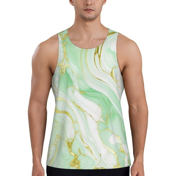 Cauagu Green And Gold Abstract Marble Print Men's Sleeveless Muscle Shirts,Tank Tops Quick Dry Workout Tank Top Gym Muscle Tee Fitness Bodybuilding T Shirt for Men-Small