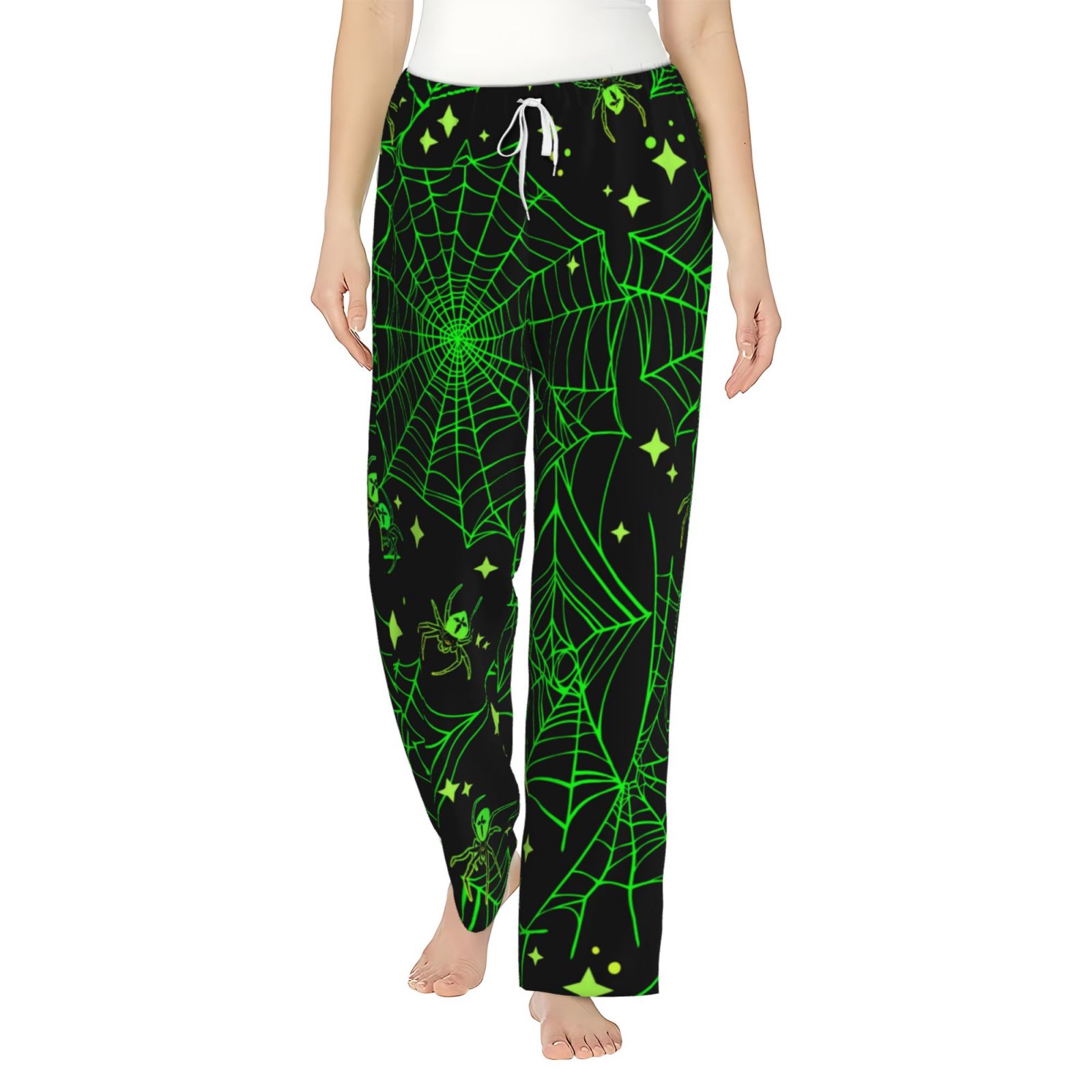 Cauagu Green Bright Web With Spiders Pajama Pants For Women Loose Fit 