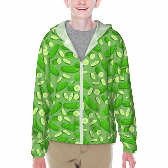Cauagu Green Cucumber Print Sun Protection Jacket for Teen,Full-Zipper Long Sleeve Sun Shirts with Pockets UV Hoodie Shirts Outdoor Athletic Jacket-XX-Large
