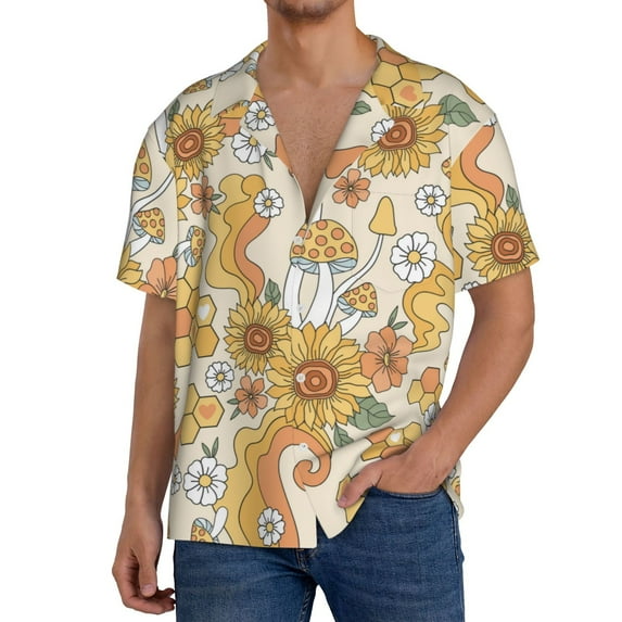 Cauagu Groovy Hippie Flower Mushrooms Men's Short Sleeve Button Down Hawaiian Shirt for Men Bowling Shirts Casual Summer Beach Shirt,Small