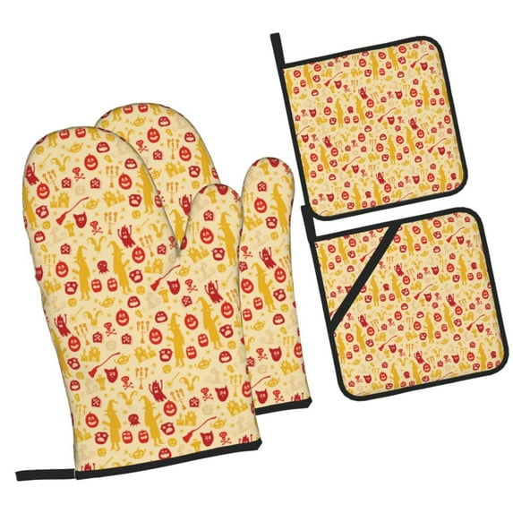 Cauagu Halloween Elements Print Oven Mitts and Pot Holders 4 pcs Set,Extra Thicken Long Kitchen Oven Glove Potholders BBQ Gloves-Oven Mitts and Pot Holders(11 Inch)