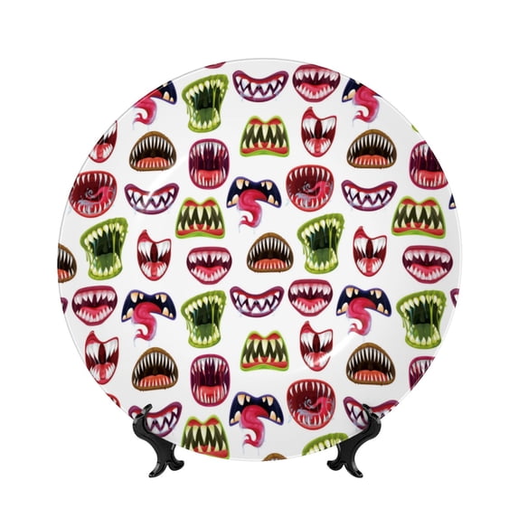Cauagu Halloween Mouth Print Bone China Decorative Plate, Wall Mount Plate Holiday Decor Decorative Ceramic Plates with Stand Elegant Household Plates Decorative-10in