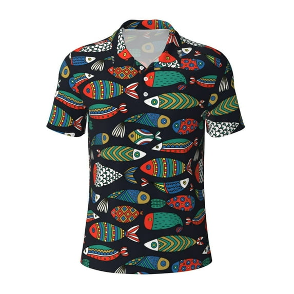 Cauagu Hand Drawn Colorful Fishes Print Men's Polo Shirts, Short-Sleeve Polo Shirts for Men Performance Golf Shirt Athletic Casual Collared T-Shirt-XX-Large