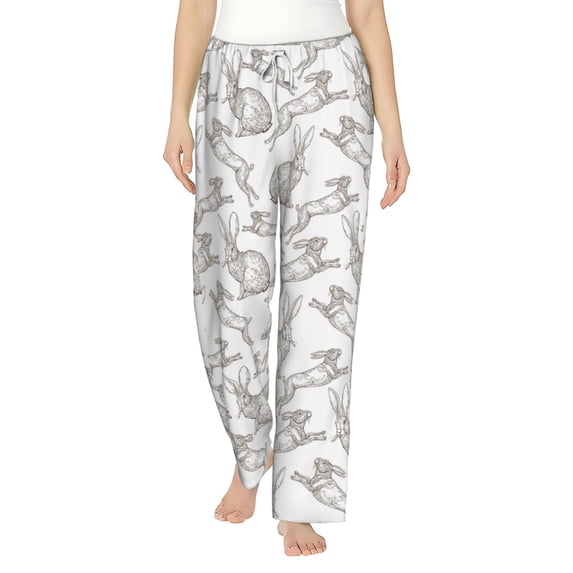 Cauagu Hand Drawn Rabbit Pajama Pants for Women Loose Fit Wide Leg Trouser Pants Casual Elastic Waist Drawstring Lounge Pants