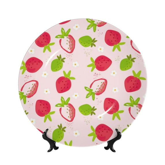Cauagu Hand Drawn Strawberry Print Bone China Decorative Plate, Wall Mount Plate Holiday Decor Decorative Ceramic Plates with Stand Elegant Household Plates Decorative-6in