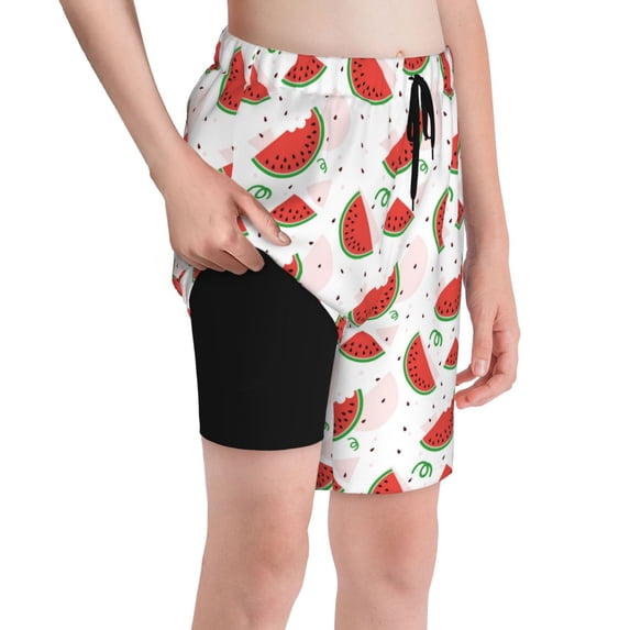 Cauagu Hand Drawn Watermelon Print Swim Trunks for Men,Youth Boys Swim Shorts Compression Liner Beach Shorts Boys' Swimming Shorts 7-20 Years Bathing Suit-Medium