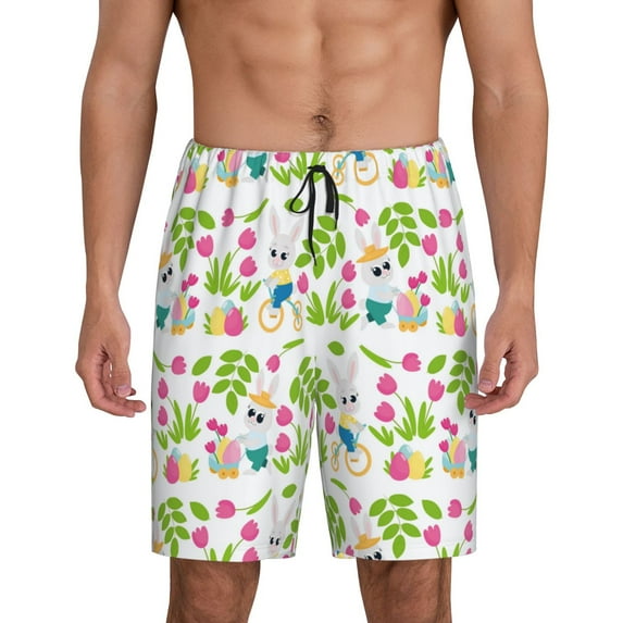 Cauagu Happy Easter Print Pajama Bottoms for Men Sleep Pajama Shorts Elastic Waistband Sleep Pajama Short Men's PJ Shorts -Medium