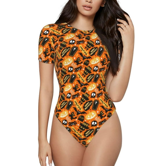 Cauagu Happy Halloween1 Women's Crew Neck Round Short Sleeve T Shirts Tops Bodysuit Daily Jumpsuit-Large