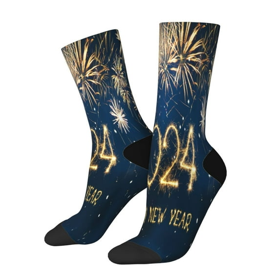 Cauagu Happy New Year 2024 (3) Print Crew Socks for Women and Men,Adult Athletic Running Socks 1-Pair Sports Socks Work Gear Socks with Moisture Wicking