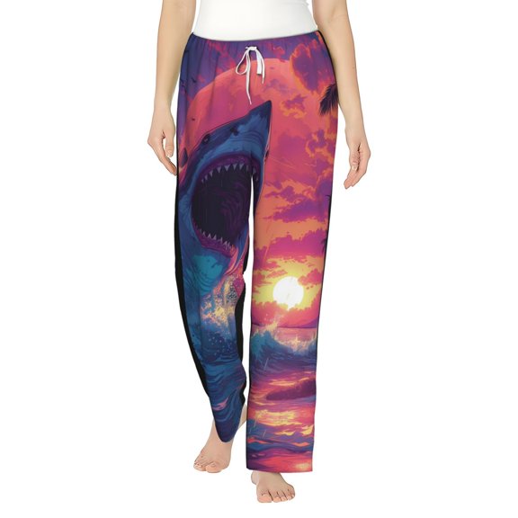 Cauagu Hawaiian Island Beach Shark Pajama Pants for Women Loose Fit Wide Leg Trouser Pants Casual Elastic Waist Drawstring Lounge Pants