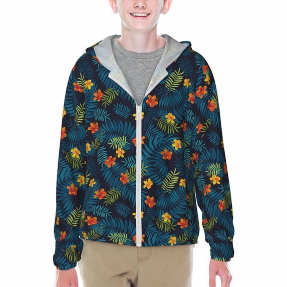Cauagu Hawaiian Style Print Sun Protection Jacket for Teen,Full-Zipper Long Sleeve Sun Shirts with Pockets UV Hoodie Shirts Outdoor Athletic Jacket-Large