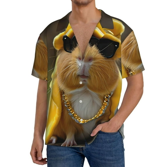 Cauagu Heavy Metal Style Guinea Pig Men's Short Sleeve Button Down Hawaiian Shirt for Men Bowling Shirts Casual Summer Beach Shirt,4X-Large