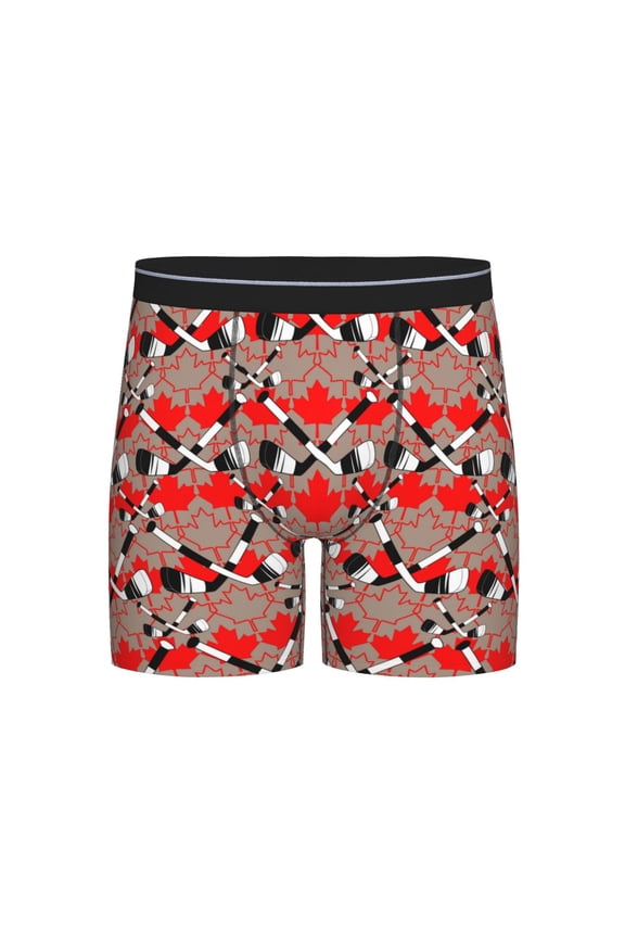 Hockey With Maple Leaves Print Men's Boxer Briefs, Funny & Cute Underwear Elastic Waistband Briefs Ideal Gift for Men,1-Pack