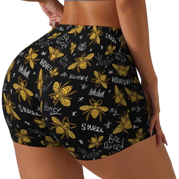 Cauagu Hohey Bee Golden Embroidery for Womens Workout Impact Shorts,Booty Biker Shorts High Waisted Elastic Athletic Shorts for Yoga Gym Running Sports-Large