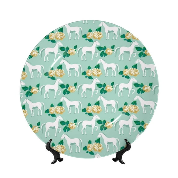 Cauagu Horse And Flower Print Bone China Decorative Plate, Wall Mount Plate Holiday Decor Decorative Ceramic Plates with Stand Elegant Household Plates Decorative-8in