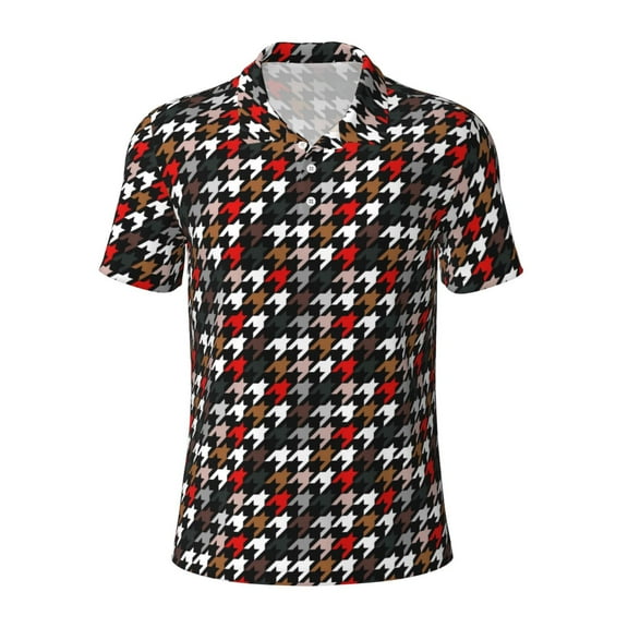 Cauagu Houndstooth Green Red Print Men's Polo Shirts, Short-Sleeve Polo Shirts for Men Performance Golf Shirt Athletic Casual Collared T-Shirt-Small