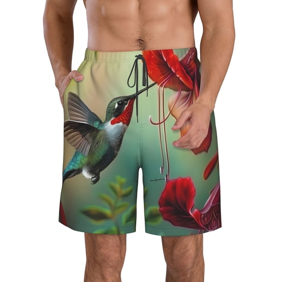 Cauagu Hummingbird Floral Paradise Print Men's Swim Trunks,Hawaiian Bathing Suit Swimsuits Beach Shorts with Pockets for Men Quick Dry Swimming Board Shorts-X-Large