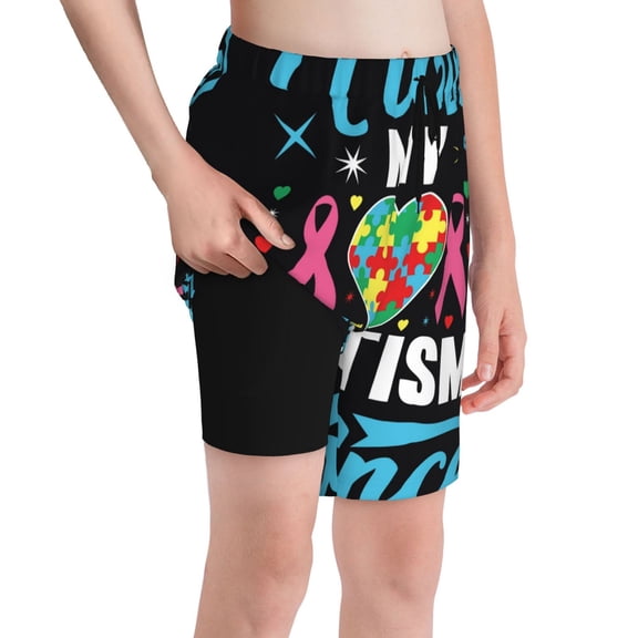 Cauagu I Love My Autism Print Swim Trunks for Men,Youth Boys Swim Shorts Compression Liner Beach Shorts Boys' Swimming Shorts 7-20 Years Bathing Suit-Large
