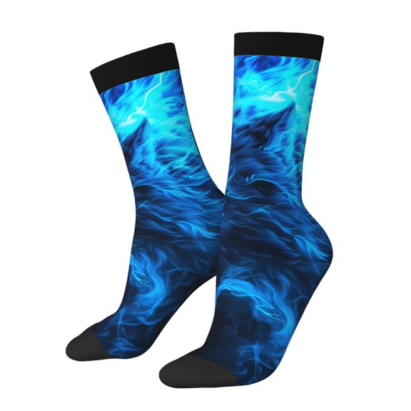 Cauagu Ice Blue Fire Wolf Print Crew Socks for Women and Men,Adult Athletic Running Socks 1-Pair Sports Socks Work Gear Socks with Moisture Wicking