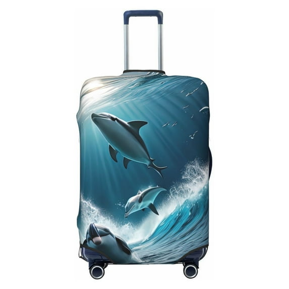 Cauagu Ice Blue Ocean Cute Dolphin A Print Travel Luggage Cover,Travel Dust-proof Suitcase Cover Softside Suitcase Protector for 18-32inch,Not Included Suitcase