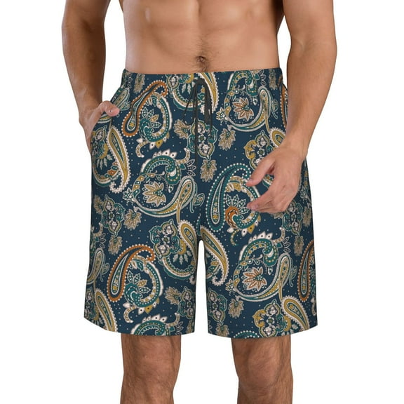 Cauagu Indian Paisley 2 Print Men's Swim Trunks,Hawaiian Bathing Suit Swimsuits Beach Shorts with Pockets for Men Quick Dry Swimming Board Shorts-