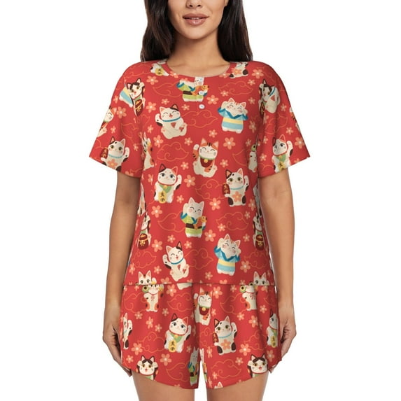 Cauagu Japanese Maneki Cats for Women's Round Neck Pajama Set,Short-Sleeved Pajamas Soft Sleepwear Set Summer Pajamas Set Lounge Sets 2-Piece Pj-Large