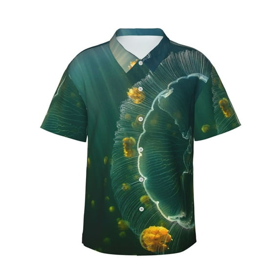 Cauagu Jelly Fish Print Hawaiian Shirt for Men,Casual Short Sleeve Button Down Shirts Summer Beach Men's Regular-Fit Short-Sleeve Print Shirt -Small