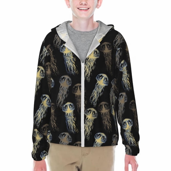 Cauagu Jellyfish Print Sun Protection Jacket for Teen,Full-Zipper Long Sleeve Sun Shirts with Pockets UV Hoodie Shirts Outdoor Athletic Jacket-Small