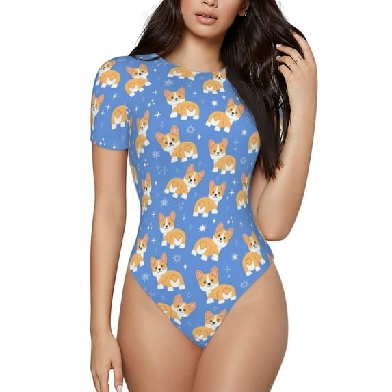 Cauagu Kawaii Corgi Women's Crew Neck Round Short Sleeve T Shirts Tops Bodysuit Daily Jumpsuit-Small