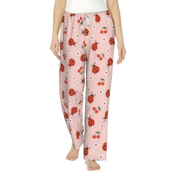 Cauagu Ladybug With Flower Pajama Pants for Women Loose Fit Wide Leg Trouser Pants Casual Elastic Waist Drawstring Lounge Pants