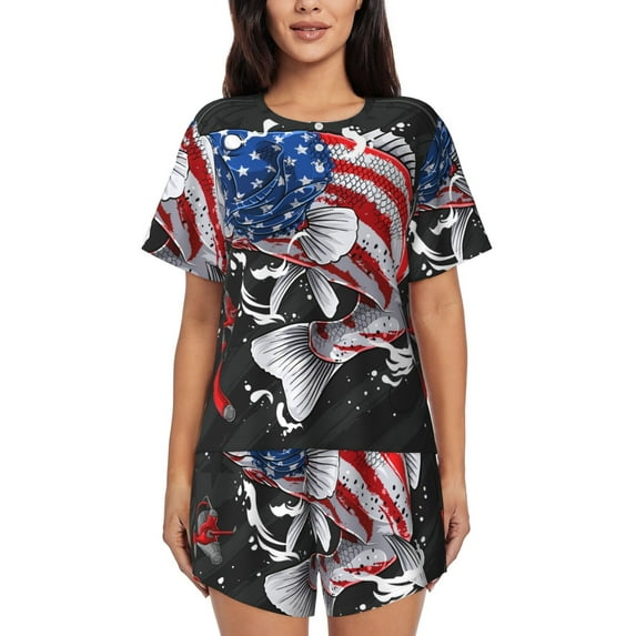 Cauagu Largemouth Bass Fish in USA for Women's Round Neck Pajama Set,Short-Sleeved Pajamas Soft Sleepwear Set Summer Pajamas Set Lounge Sets 2-Piece Pj-X-Large