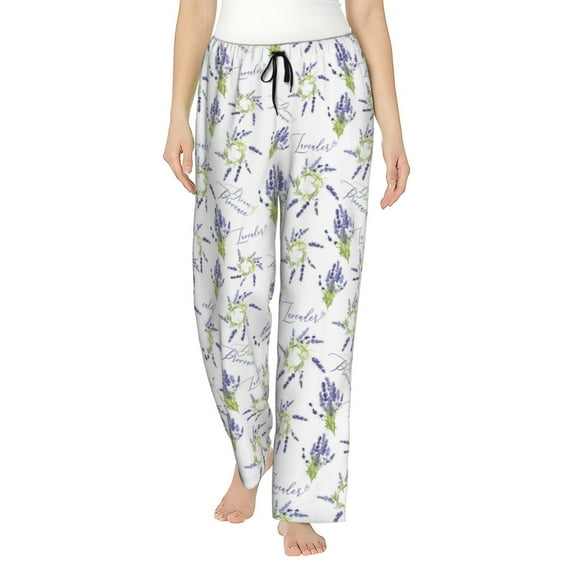 Cauagu Lavender Flowers Pajama Pants for Women Loose Fit Wide Leg Trouser Pants Casual Elastic Waist Drawstring Lounge Pants