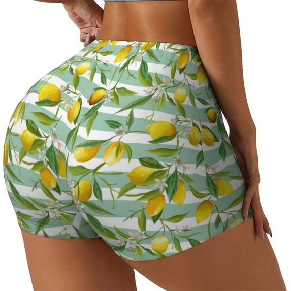 Cauagu Lemon for Womens Workout Impact Shorts,Booty Biker Shorts High Waisted Elastic Athletic Shorts for Yoga Gym Running Sports-Medium