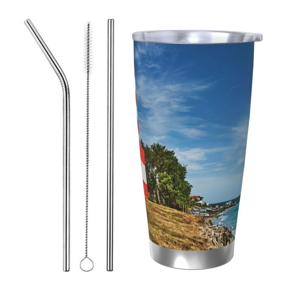 Cauagu Lighthous Pattern 20oz Tumbler,Stainless Steel Vacuum Insulated Tumbler with Lid Durable Insulated Coffee Mug Thermal Cup with Splash Proof Sliding Lid-Straw Three-piece Set