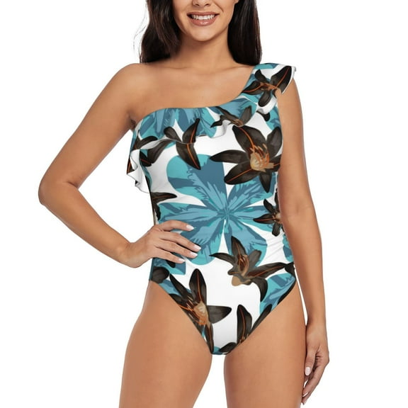 Cauagu Lilies Flowers Print Women's Sexy One Piece Swimsuits One Shoulder Ruffle Tummy Control Bathing Suit Slimming Swimwear-Large