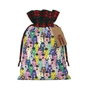 Cauagu Llamas Colorful Print Christmas Linen Gift Bag,Christmas Goody Gift Bags with Plaid Drawstrings Xmas Presents Bags Holiday with Gift Tag Cards-Black