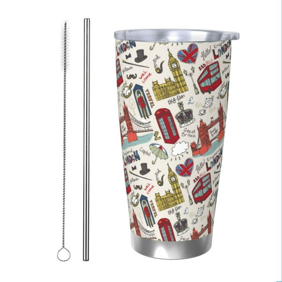 Cauagu London Landmark1 Pattern 20oz Tumbler,Stainless Steel Vacuum Insulated Tumbler with Lid Insulated Coffee Mug Thermal Cup with Splash Proof Sliding Lid-Straw Two-piece Set