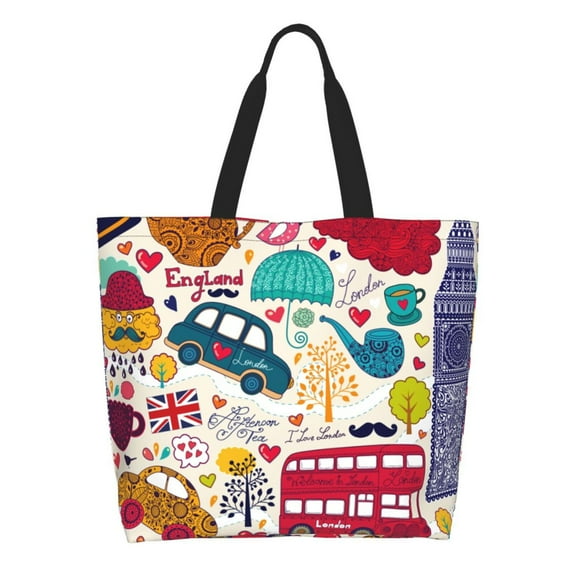Cauagu London Symbols Print Women Large Capacity Tote Bag - Casual Shoulder Bag Fashion Handbag Shopping Bag Daily Bag Hobo Bags for Travel Work and Shopping