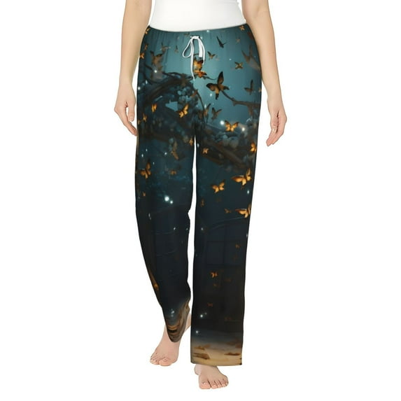 Cauagu Magical Library Butterfly Night Pajama Pants for Women Loose Fit Wide Leg Trouser Pants Casual Elastic Waist Drawstring Lounge Pants