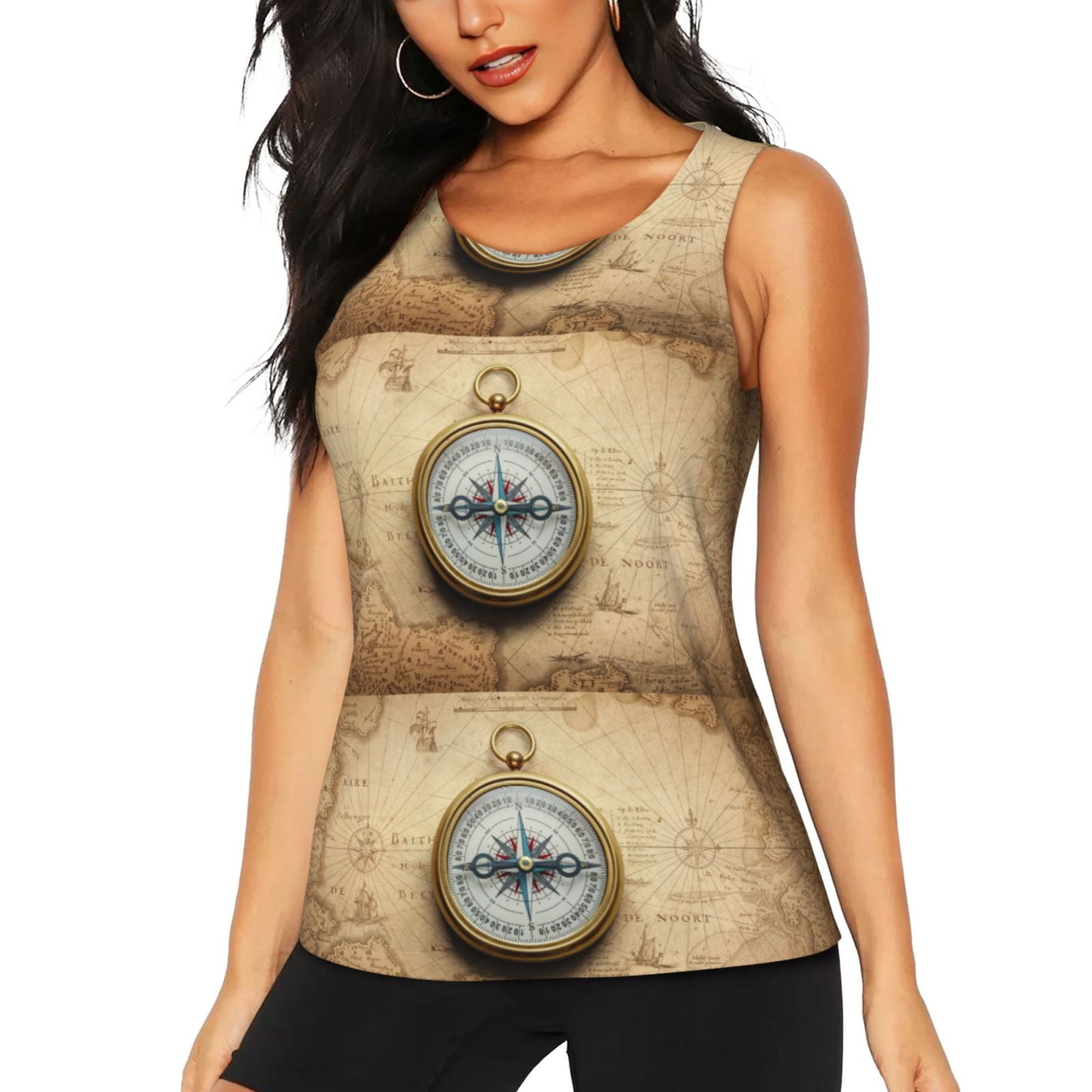 Cauagu Magnetic Old Compass On World Map for Women's Workout Tank Tops ...