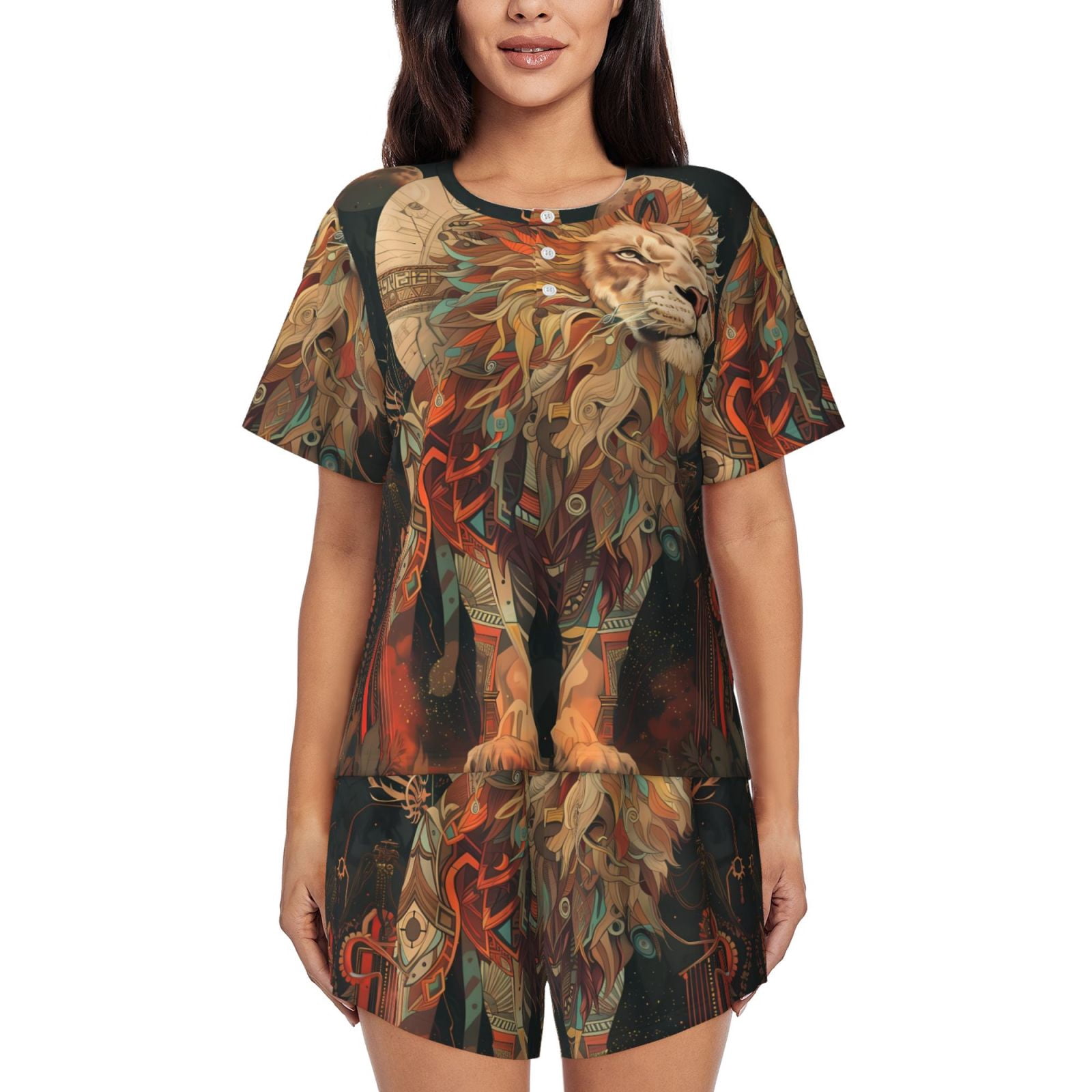 Cauagu Majestic Cosmic Lion for Women's Round Neck Pajama Set,Short ...