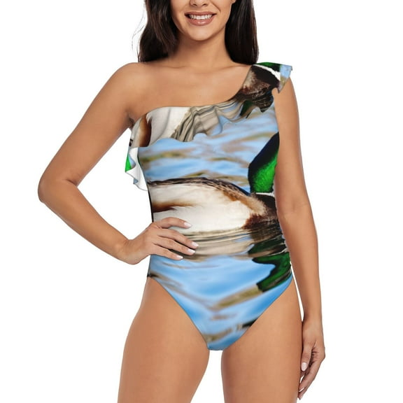 Cauagu Mallard Duck Swimming In A River Print Women's Sexy One Piece Swimsuits One Shoulder Ruffle Tummy Control Bathing Suit Slimming Swimwear-Medium