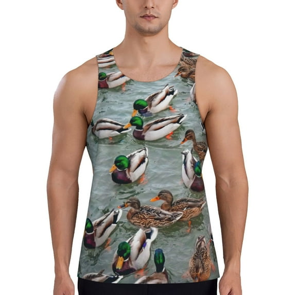 Cauagu Mallard Ducks Swimming Print Men's Sleeveless Muscle Shirts,Tank Tops Quick Dry Workout Tank Top Gym Muscle Tee Fitness Bodybuilding T Shirt for Men-XX-Large